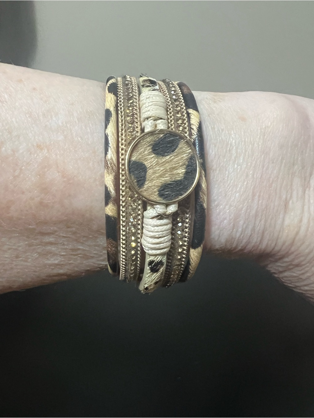 Leopard-Accent Multi-Strand Wrap Bracelet in Tan and Black